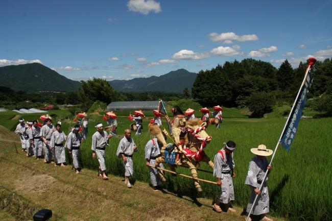 田の畔を道引きする保存会の方々